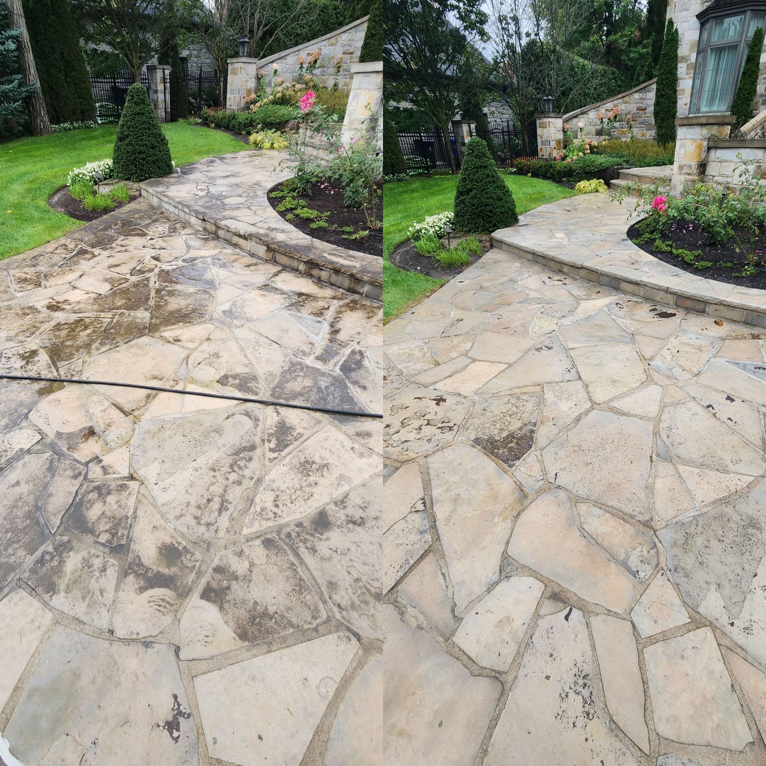 Une photo avant et après d'un patio en pierre nettoyé avec un nettoyeur haute pression.