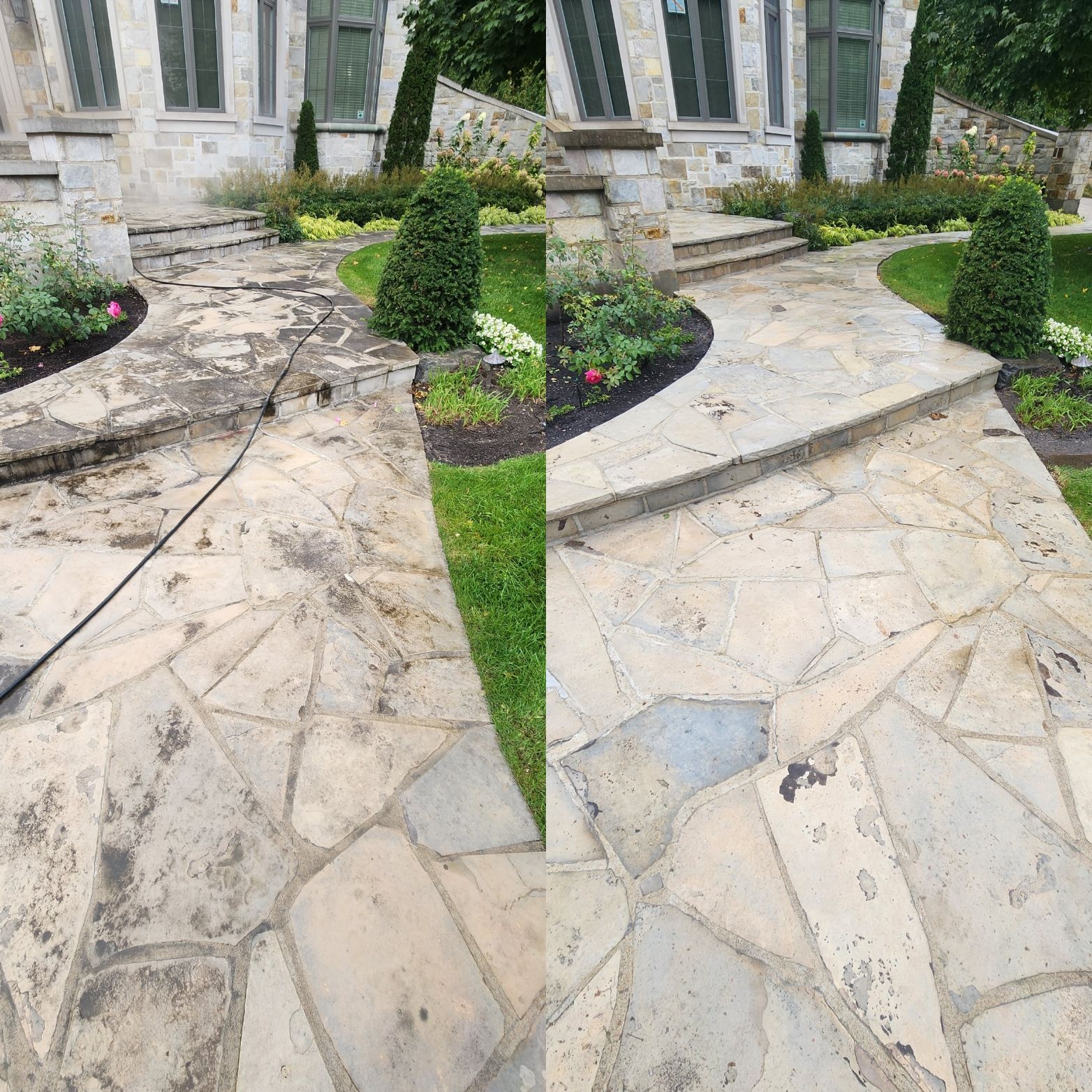 Une photo avant et après d'une allée en pierre nettoyée avec un nettoyeur haute pression.