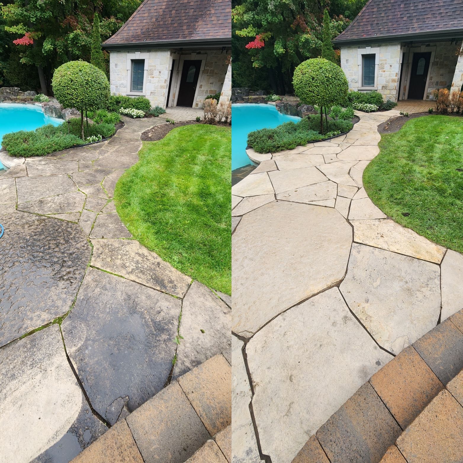 Une photo avant et après d'un patio à côté d'une piscine.