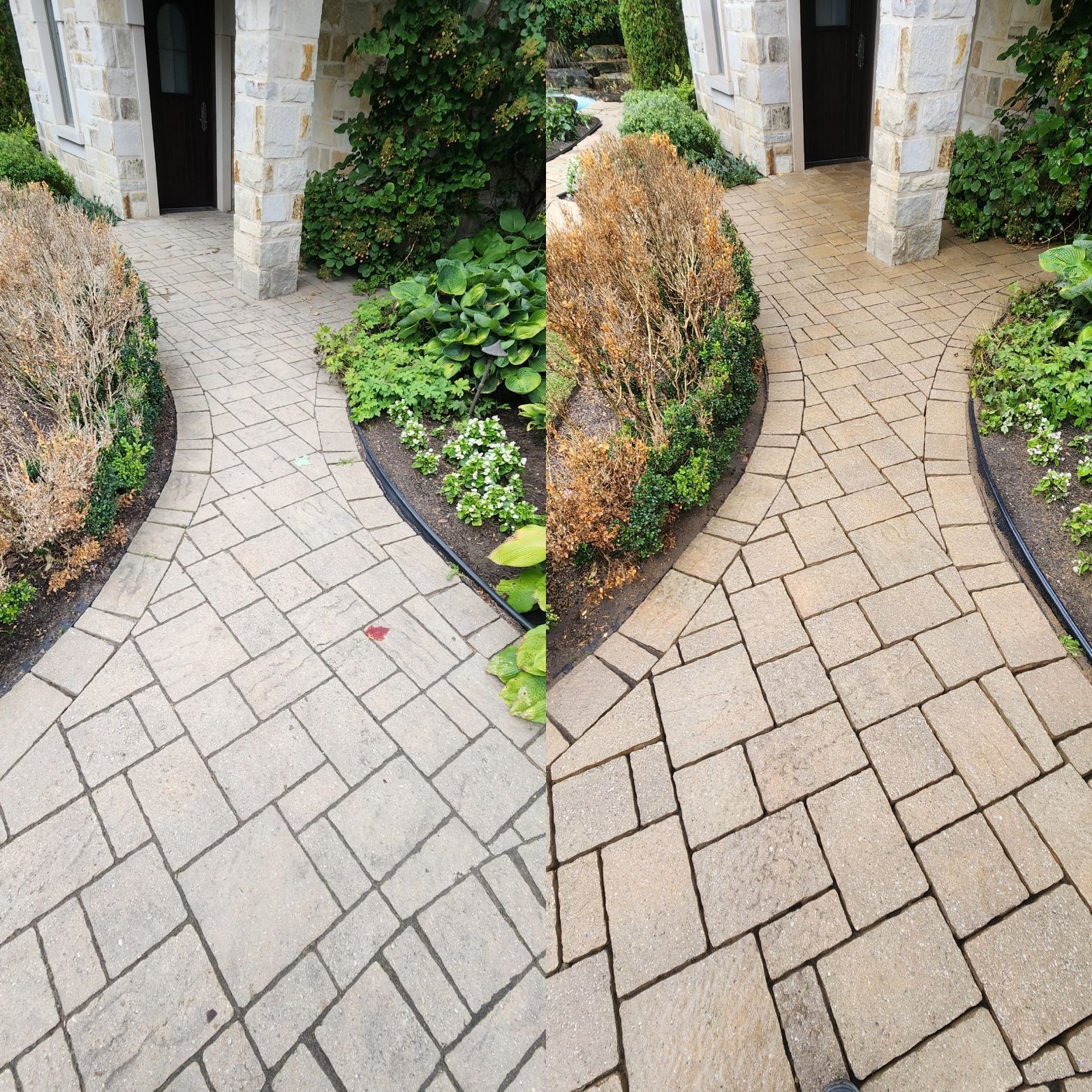 Une photo avant et après d'une allée en briques.