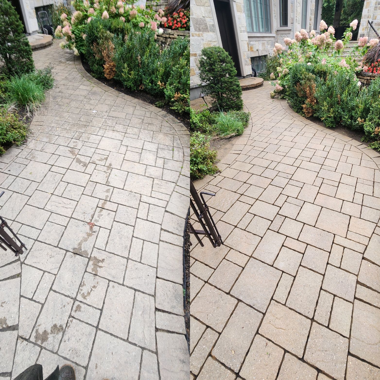 Une photo avant et après d'une allée en briques.