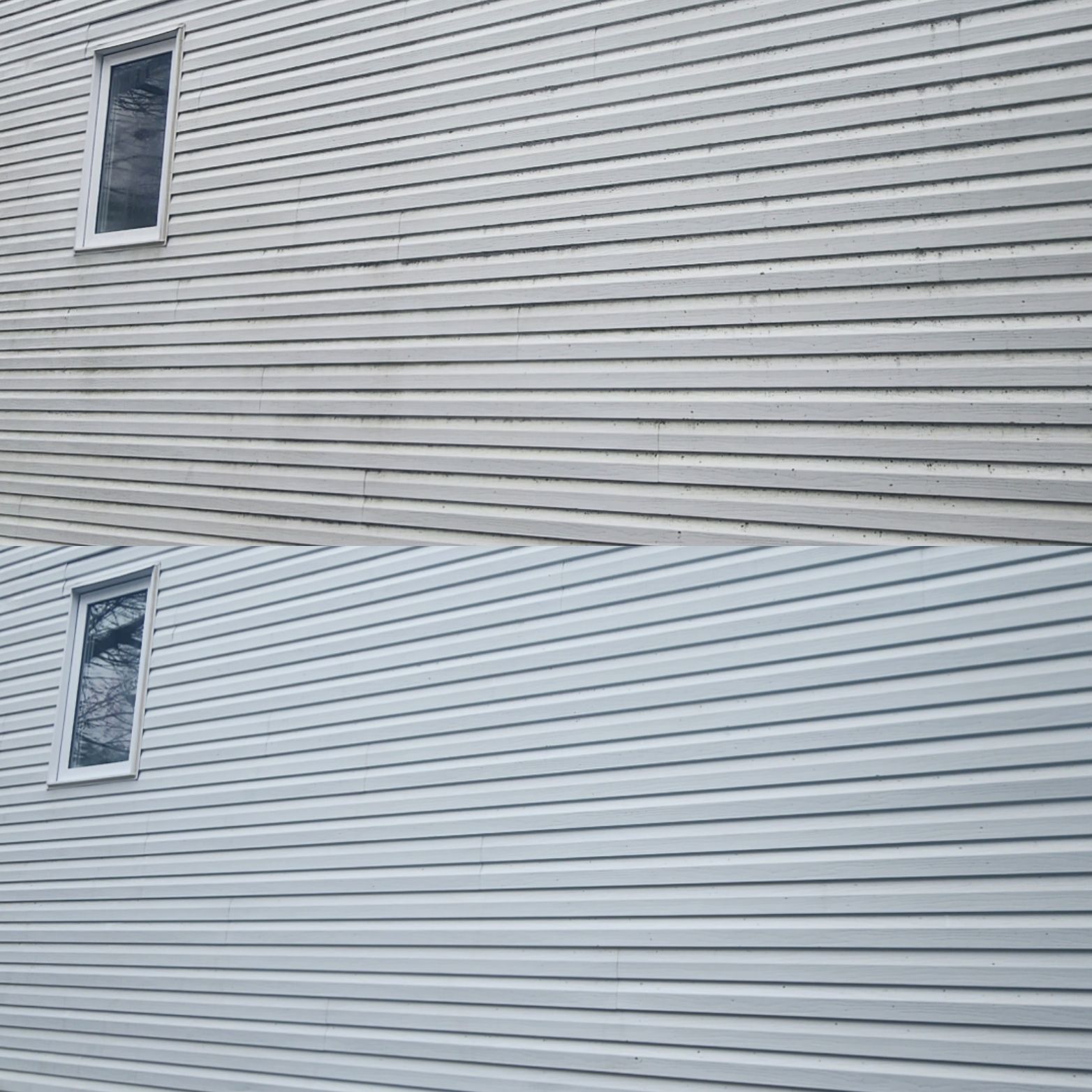 Une photo avant et après du revêtement d'une maison en cours de nettoyage.