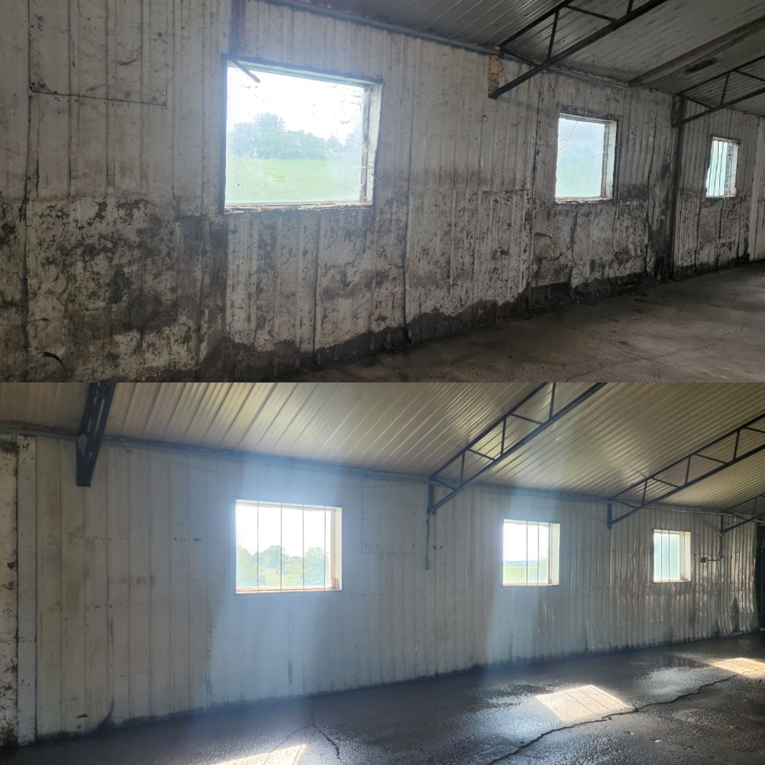 Une photo avant et après d'un bâtiment avec beaucoup de fenêtres.