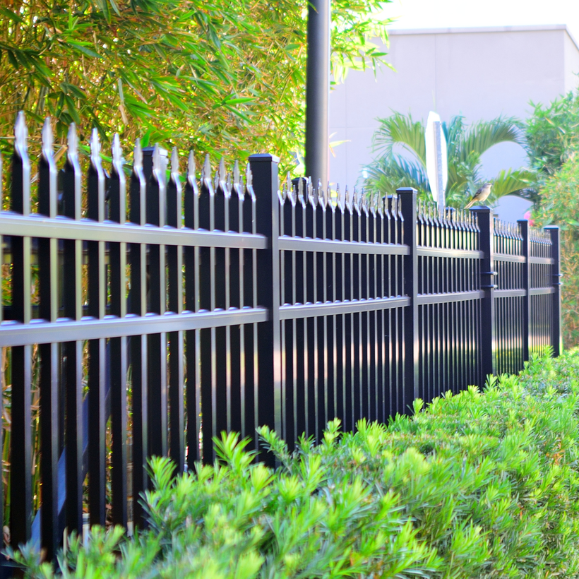 A black fence is surrounded by green bushes and trees.