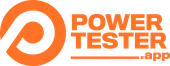 An orange and white logo for power tester app