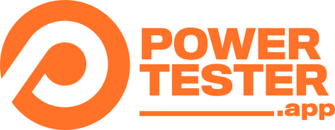 An orange and white logo for power tester app