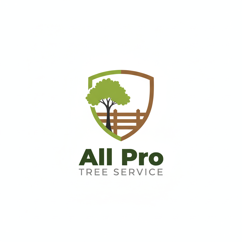 Logo for All Pro Tree Service: tree within a shield, brown and green. Text reads "All Pro Tree Service."