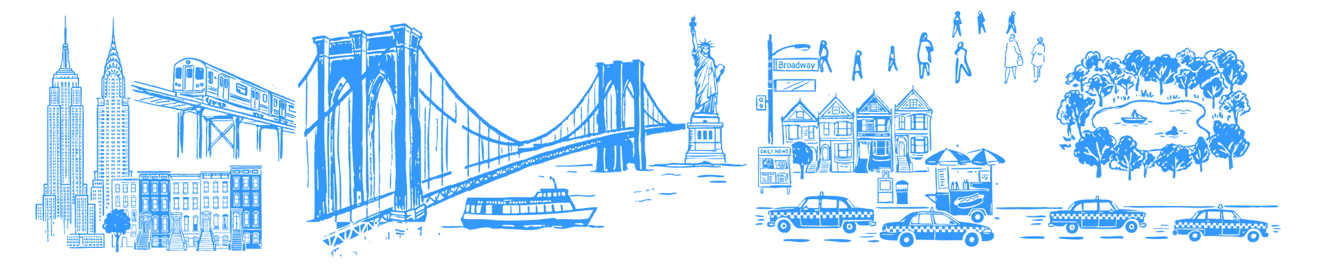 New York City Attractions Line Art Illustration in Blue