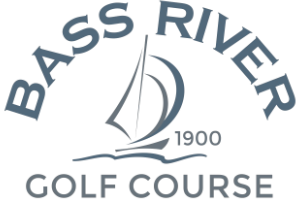 A logo for bass river golf course with a sailboat