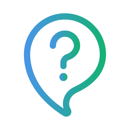 A question mark in a speech bubble on a white background.