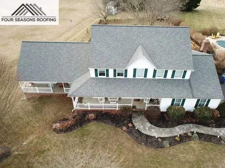 Newly completed roofing installation by Four Seasons Roofing in Maryland, showcasing high-quality materials and expert craftsmanship.