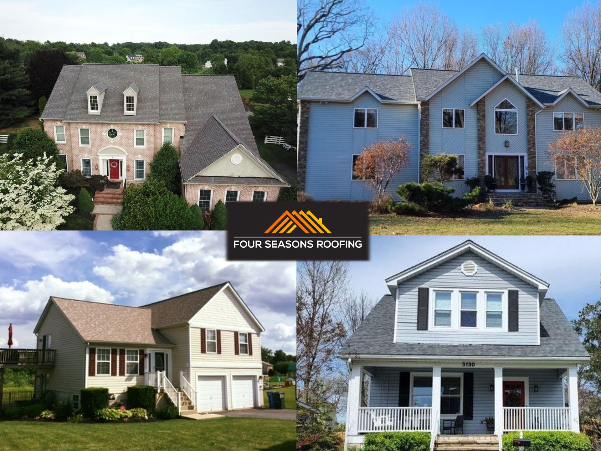 Collage of completed residential roof installations by Four Seasons Roofing in Maryland, showcasing various home styles and roofing materials