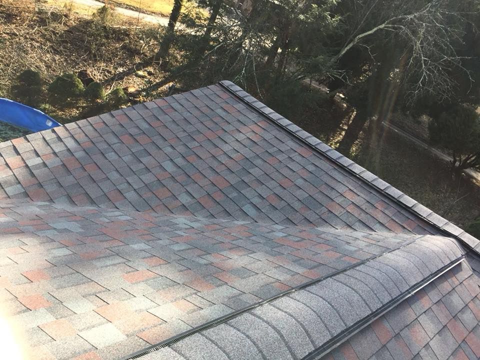 View of a multi-colored asphalt shingle roof from above. The setting is outdoors with trees in the background.
