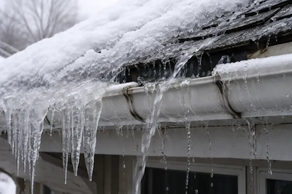 Snow and icicles on a roof gutter; water dripping.