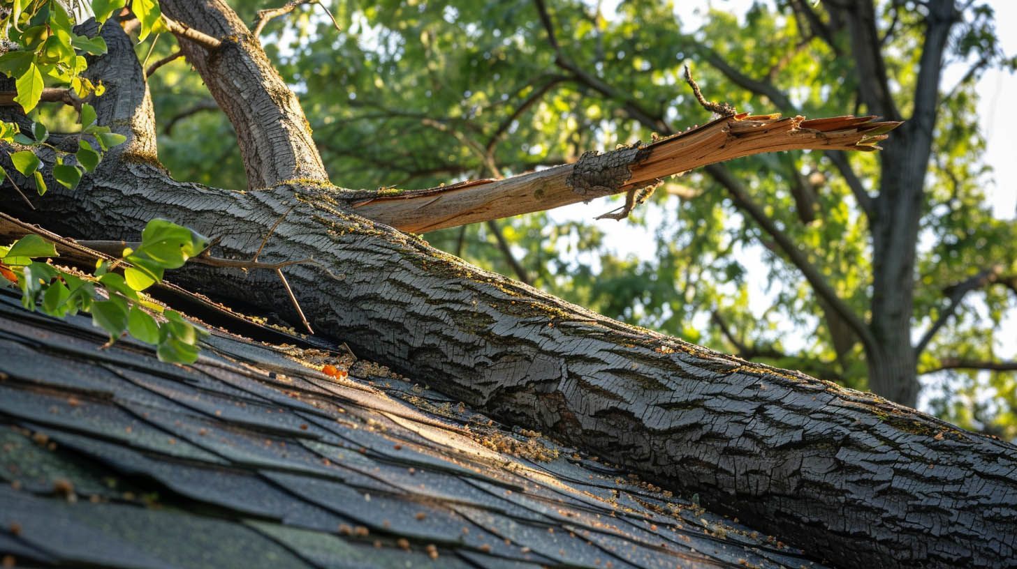 Tree laying across a residential roof causing damage after a storm in Maryland