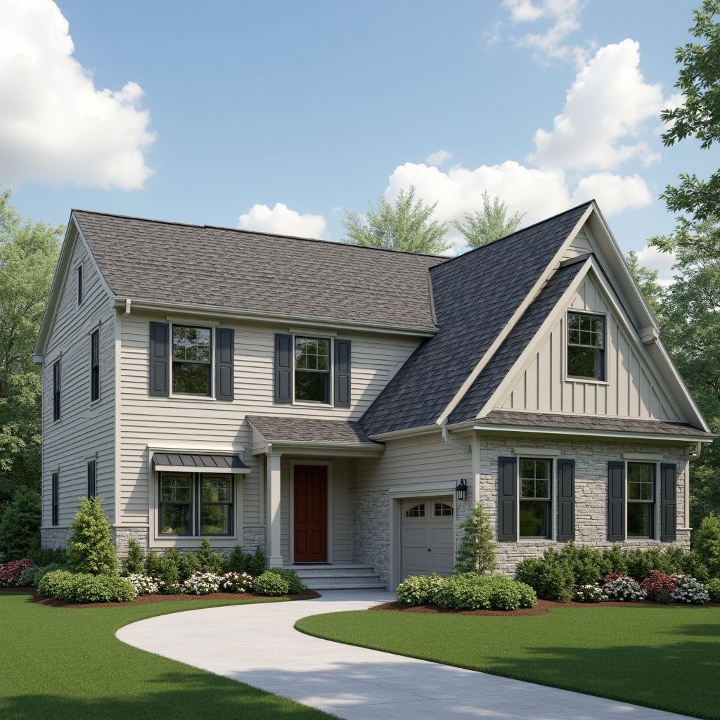 Two-story house with light siding, dark shutters, red door, and curved driveway on a sunny day.