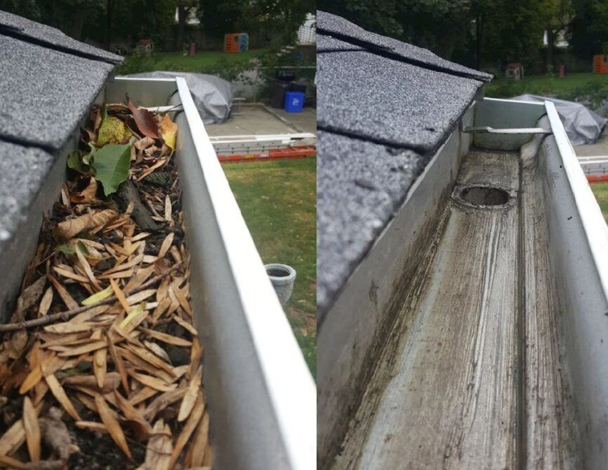 A side-by-side comparison of a roof gutter filled with leaves and debris before and after cleaning.