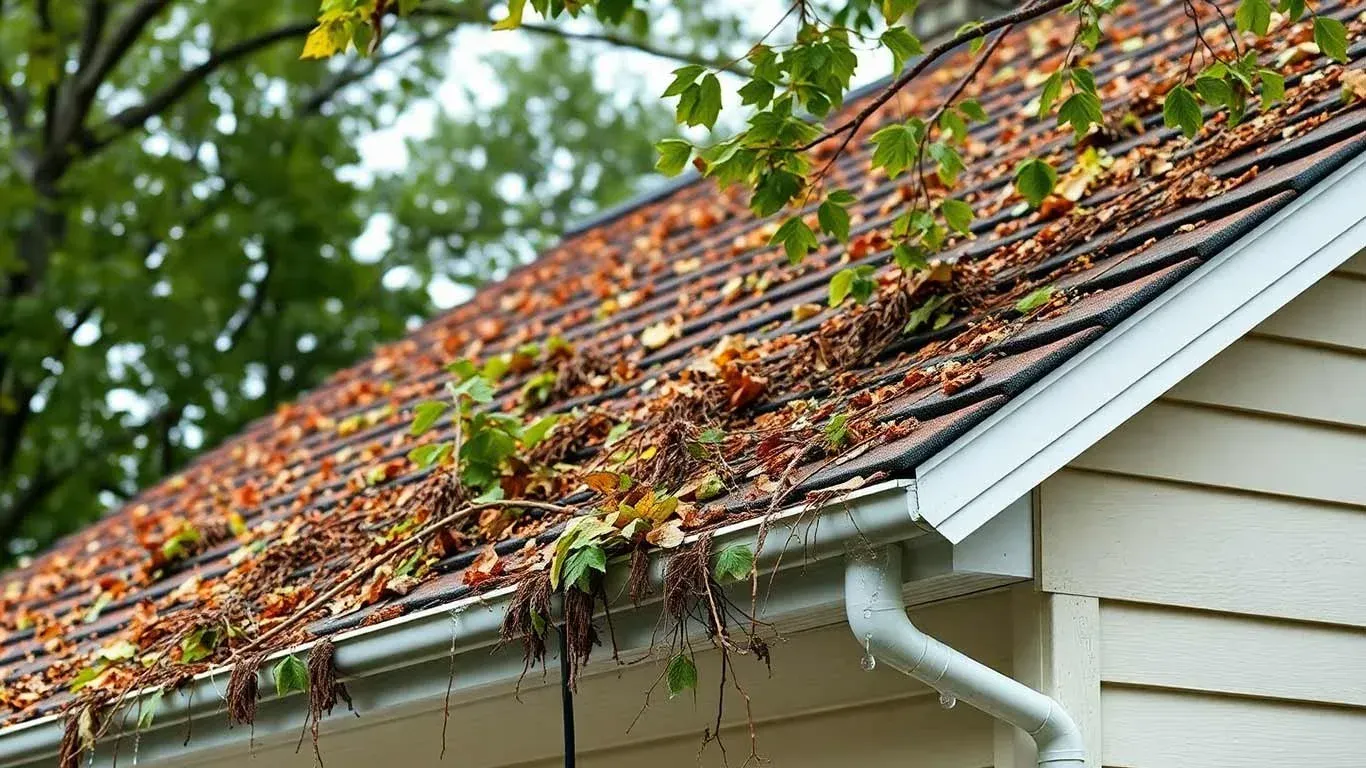 Residential roof with leaves and tree branches piled up on it during fall