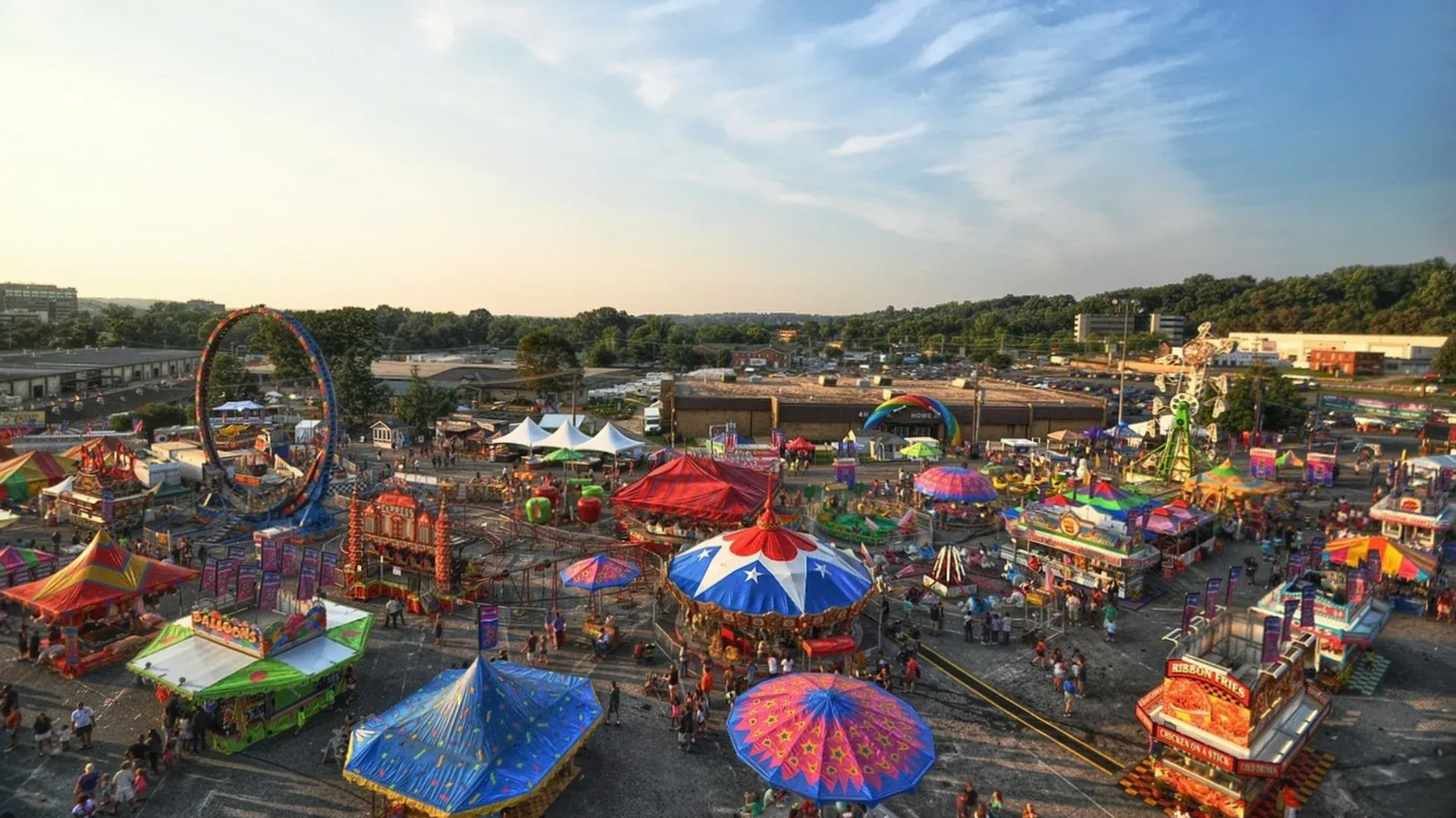 Aerial view of the Maryland State Fair in Timonium, Maryland, showing various rides and attractions