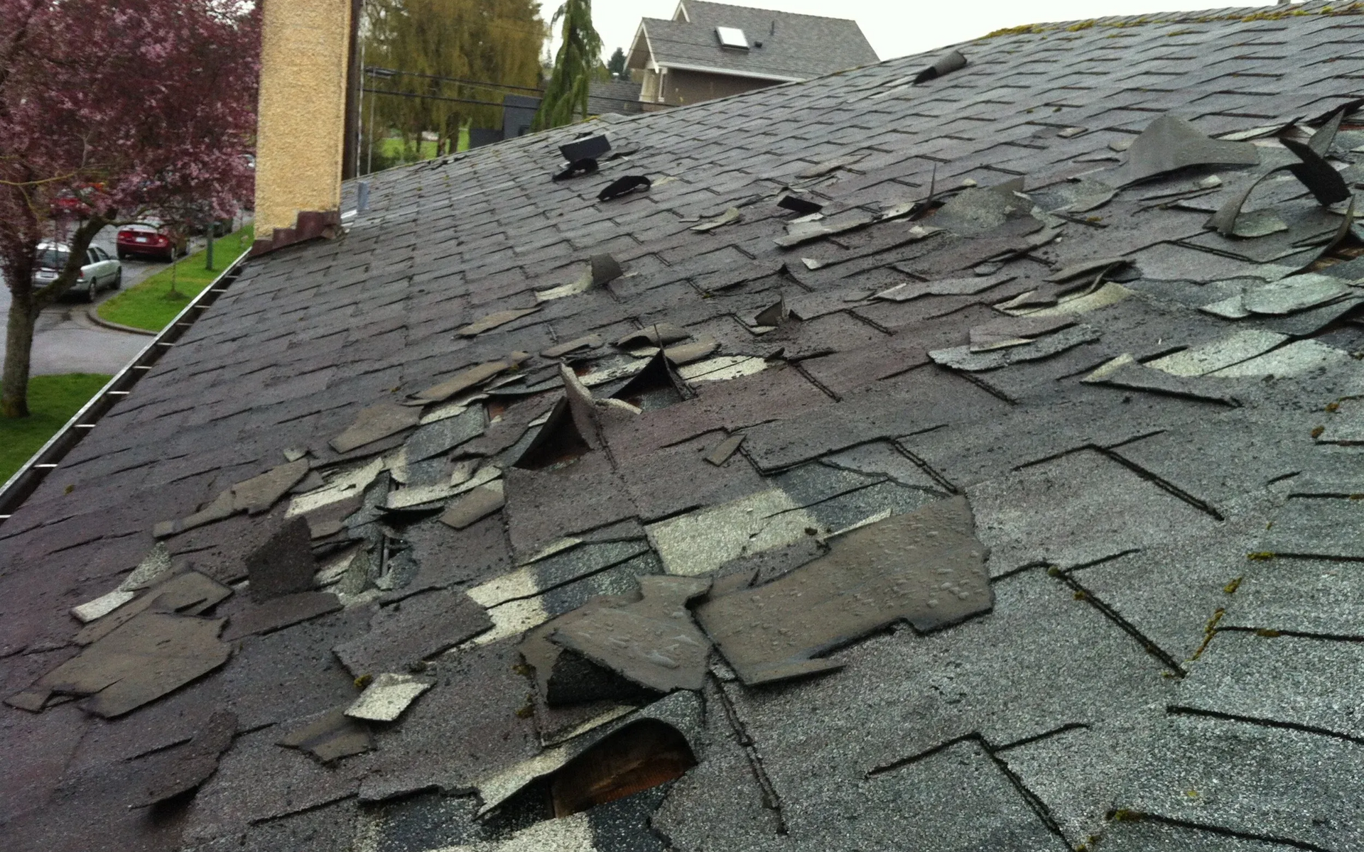 A damaged residential roof with many asphalt shingles curling, torn, or missing, exposing the roof decking below.