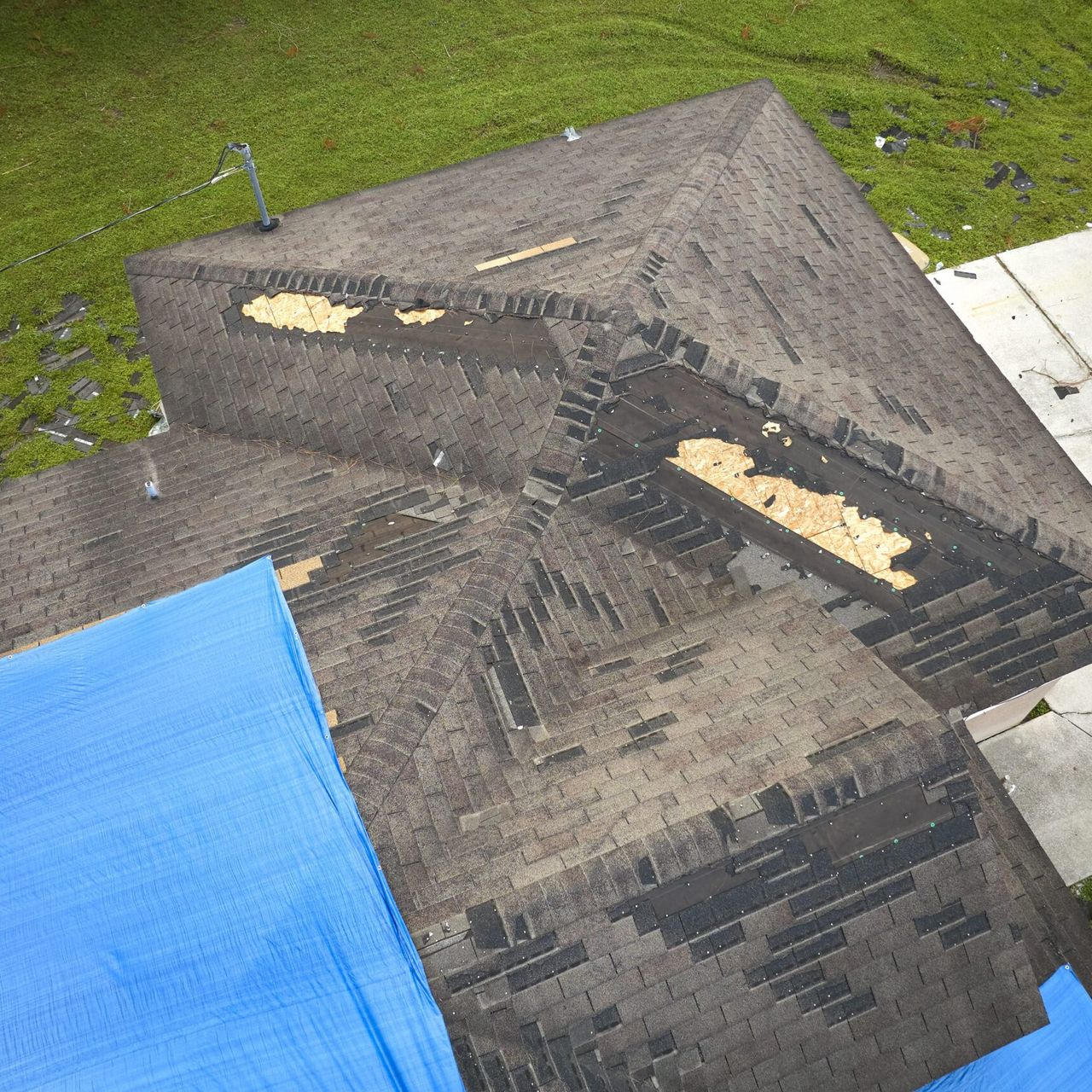 Aerial view of a damaged shingled roof with a blue tarp covering one corner.