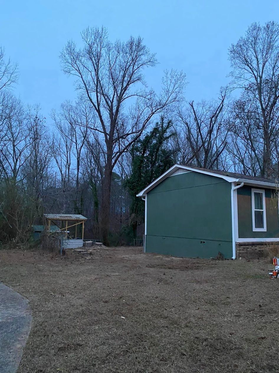 A small green house is sitting in the middle of a field surrounded by trees.