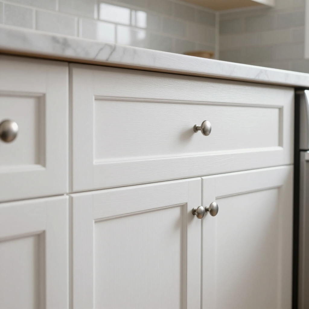 White kitchen cabinets with silver knobs and a light countertop close-up