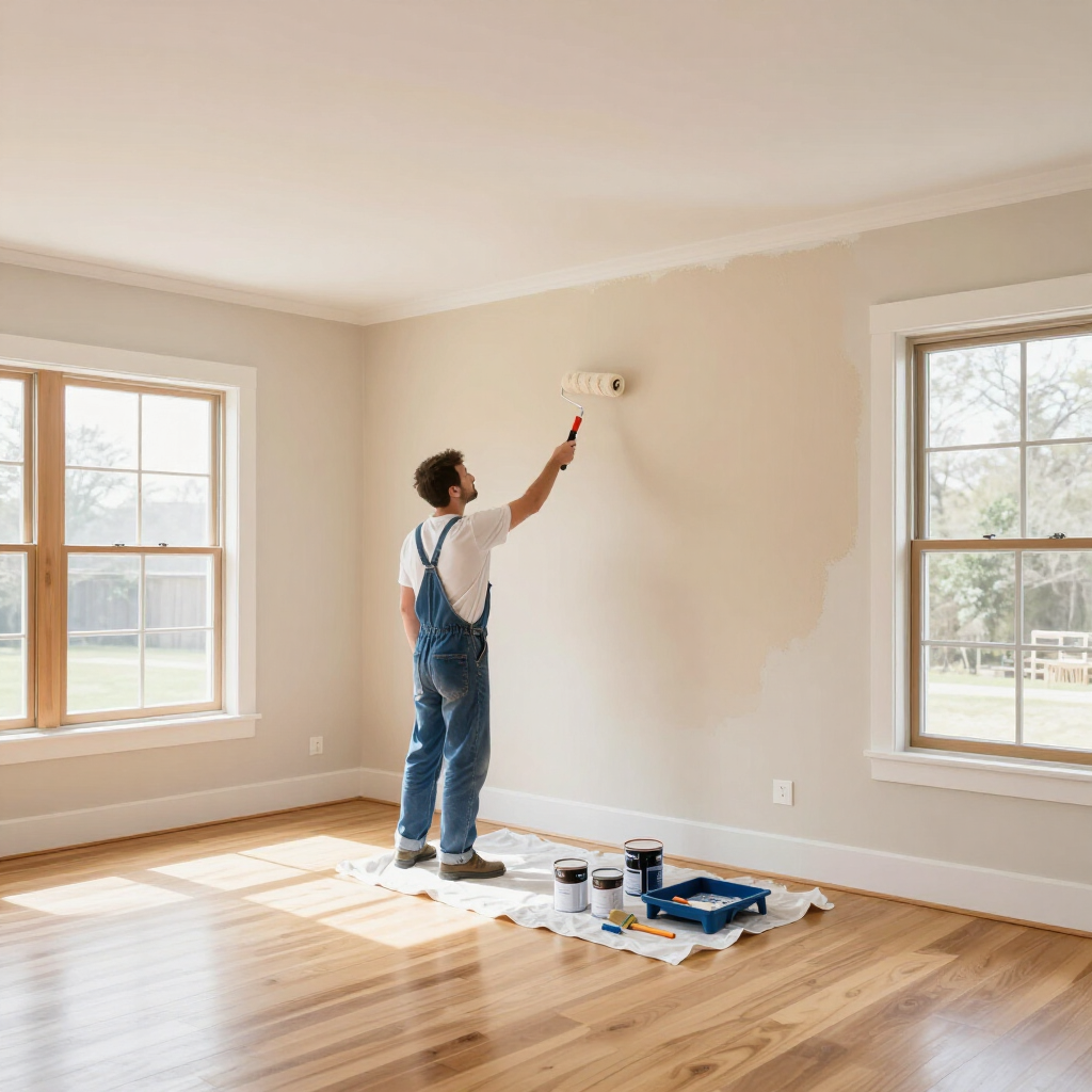 Person painting a beige wall in a sunlit empty room with paint supplies on the floor
