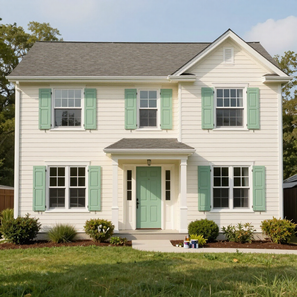 Two-story cream house with mint green shutters and door, front lawn, and small porch