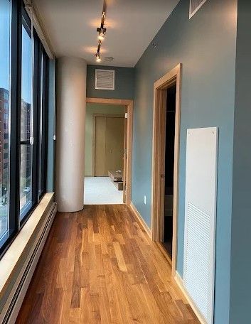 Hallway with hardwood floors, teal walls, and a column. Large windows on the left, and doors lead to rooms ahead.