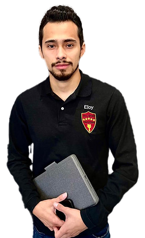 Man holding a tablet, wearing a black polo shirt with a crest and the name 