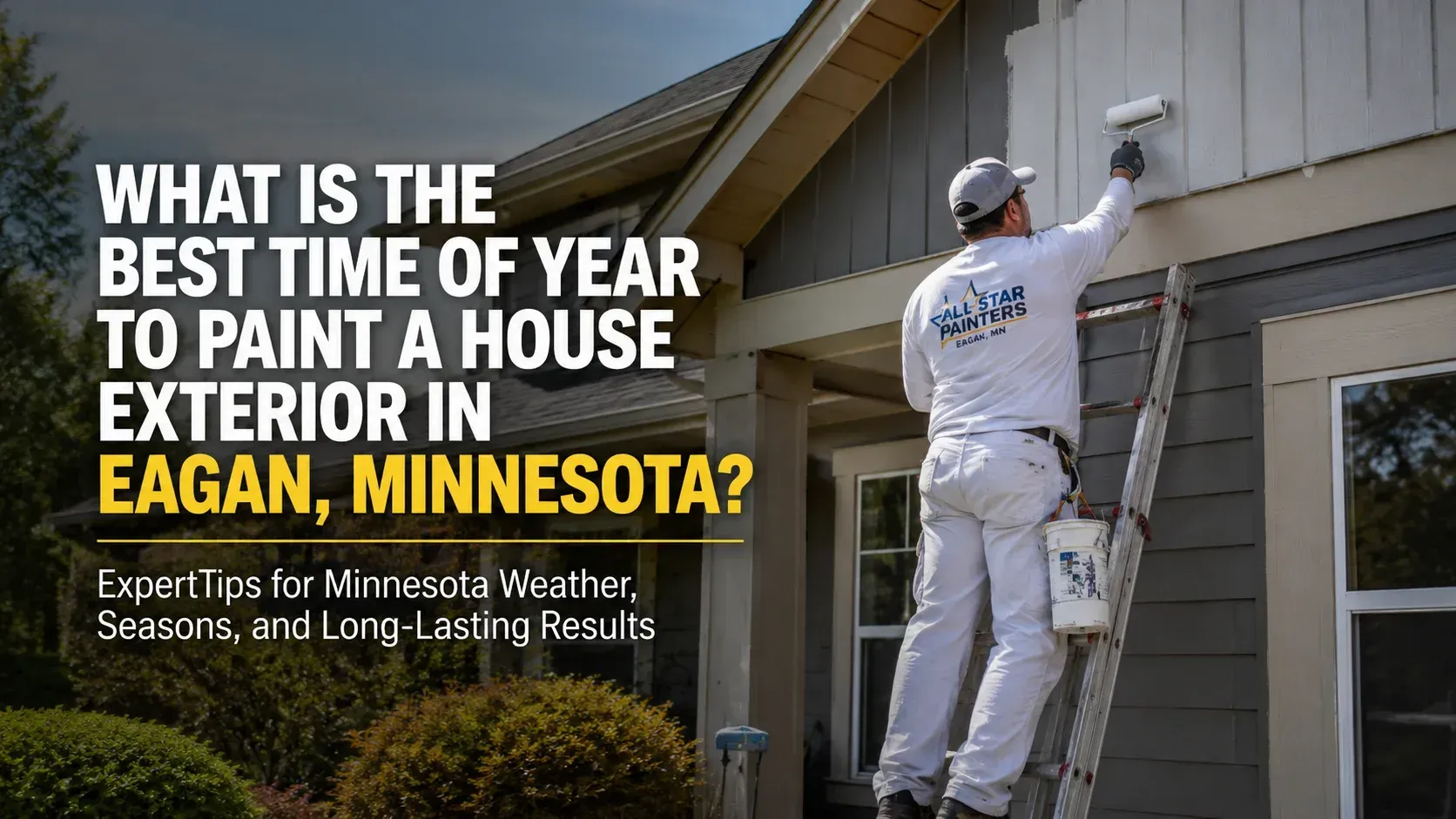 A professional painter on a ladder painting a home's siding, next to text overlay reading 