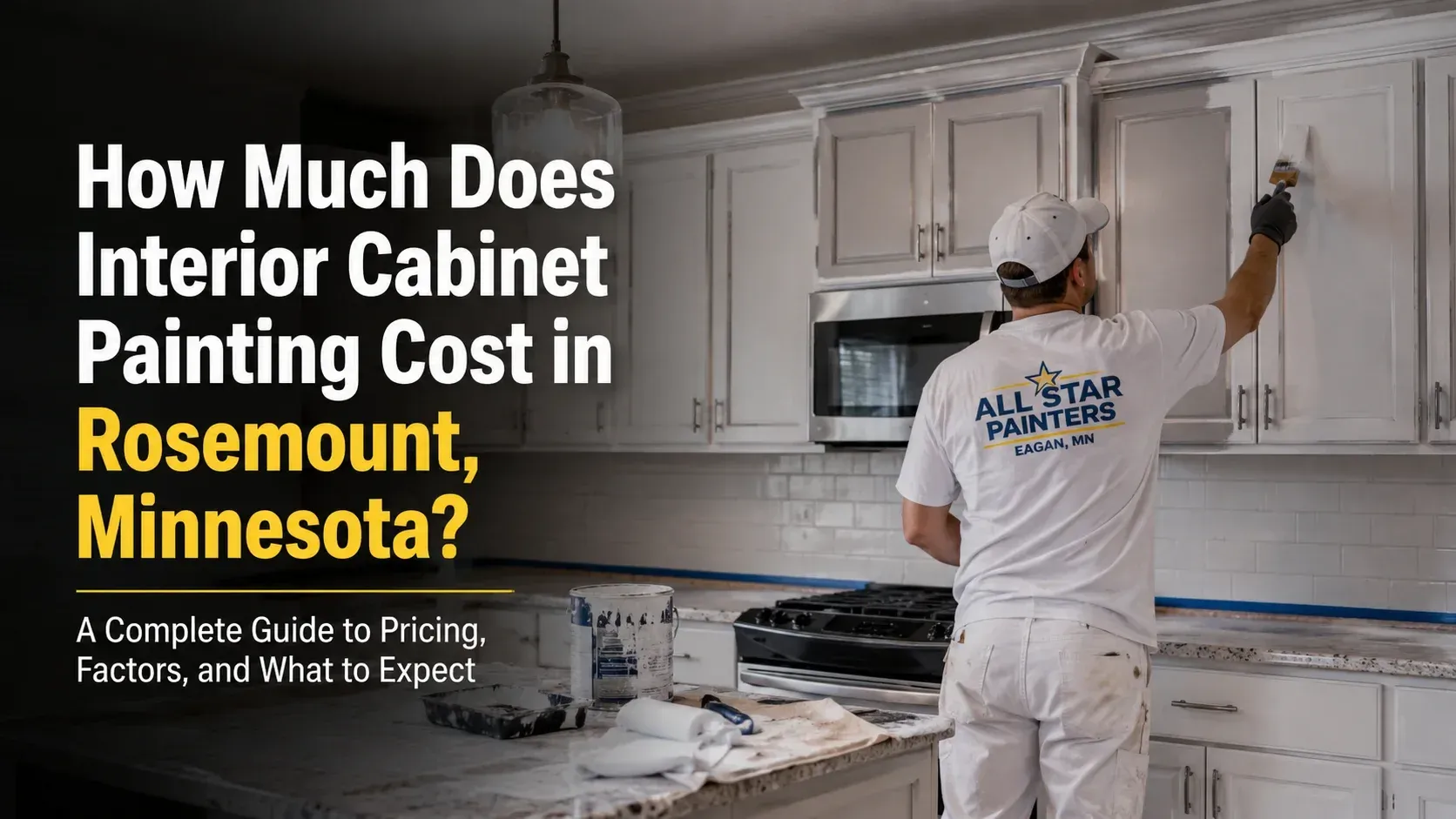 Exterior painter on a ladder, illustrating how much does interior cabinet painting cost vs exterior painting.