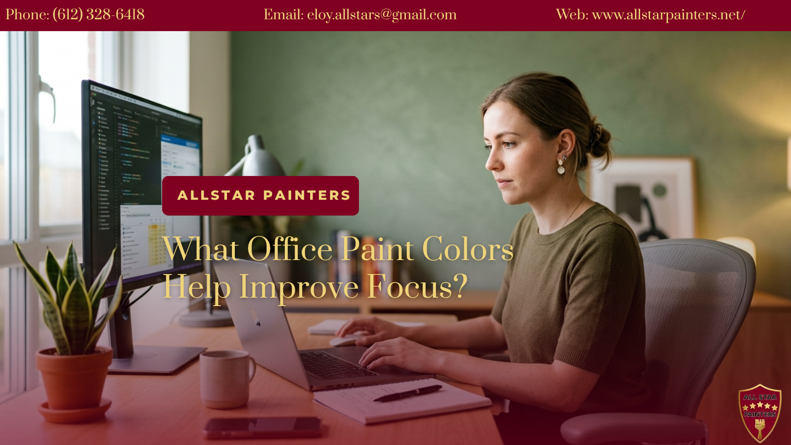 Woman at a desk reviewing paint color options on a laptop in a modern office, with a plant and coffee cup nearby