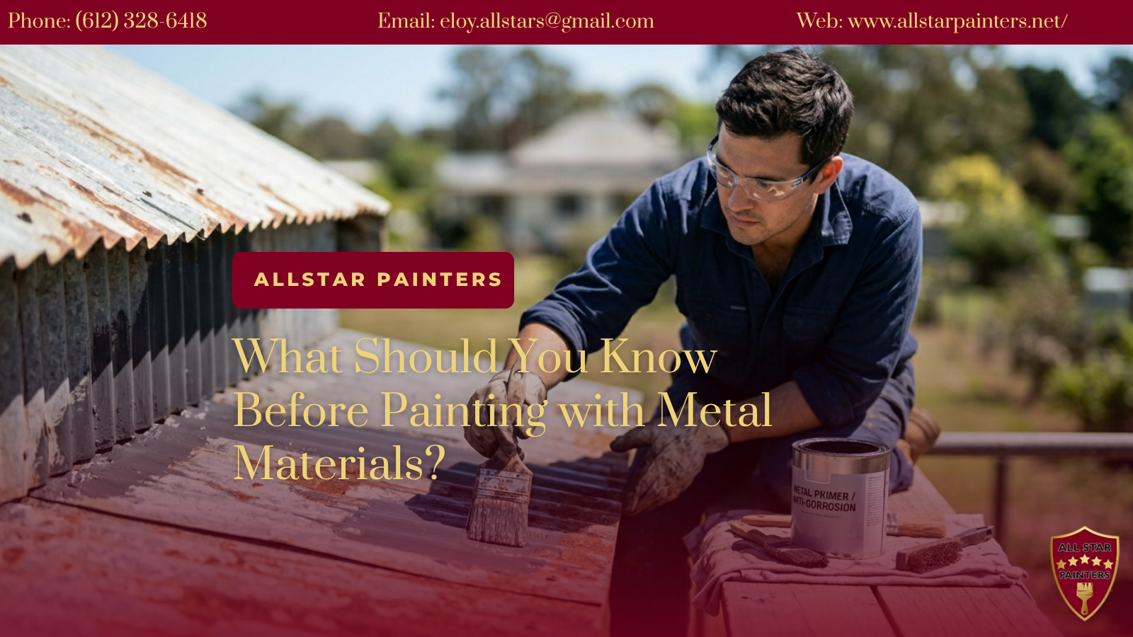 Painter applying red paint to a metal surface outdoors