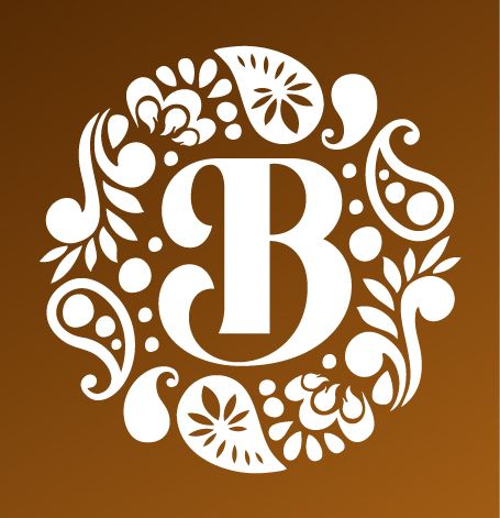 A white letter b is surrounded by flowers and paisley on a brown background.