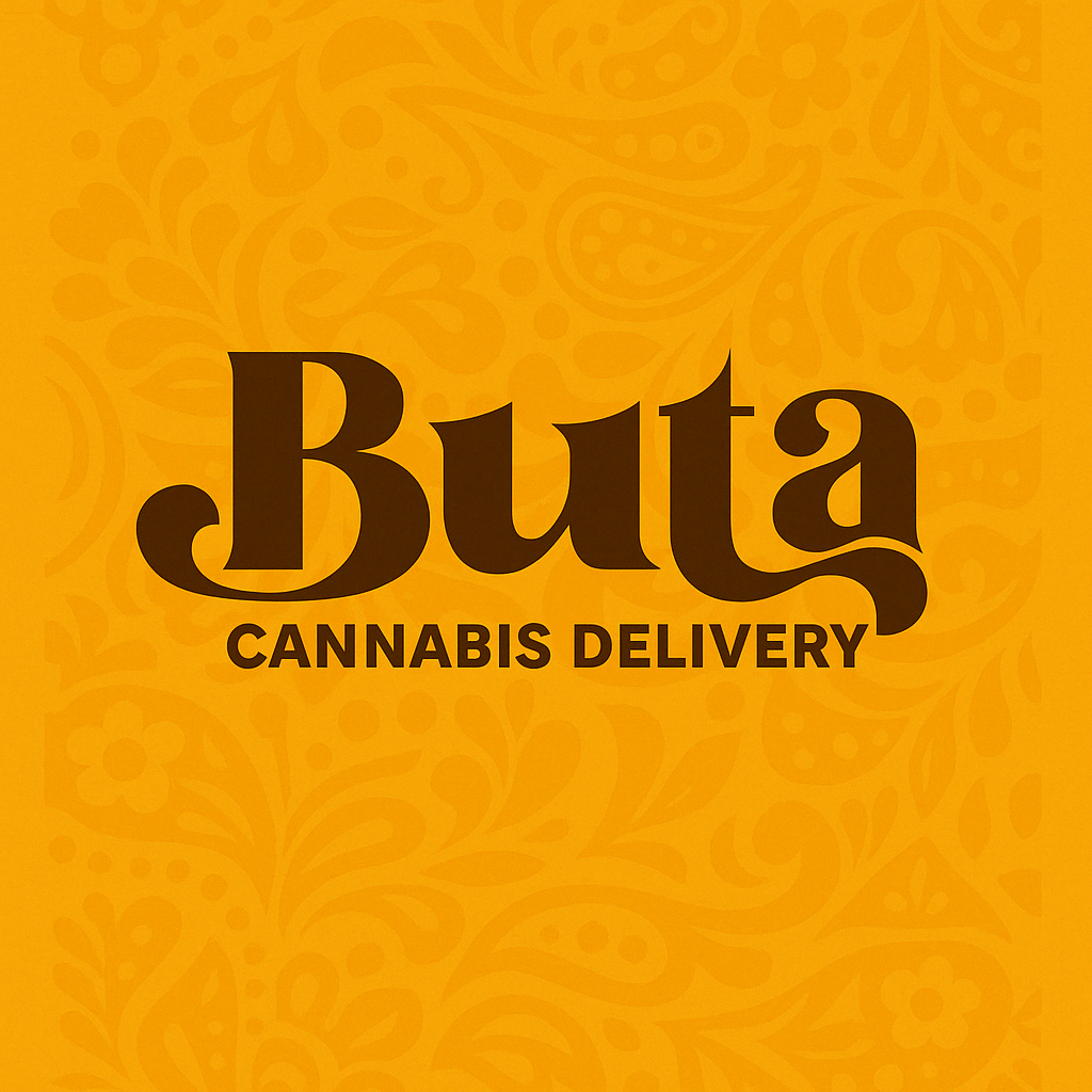 Brown Buta Cannabis Delivery logo on golden background with ghost paisley prints