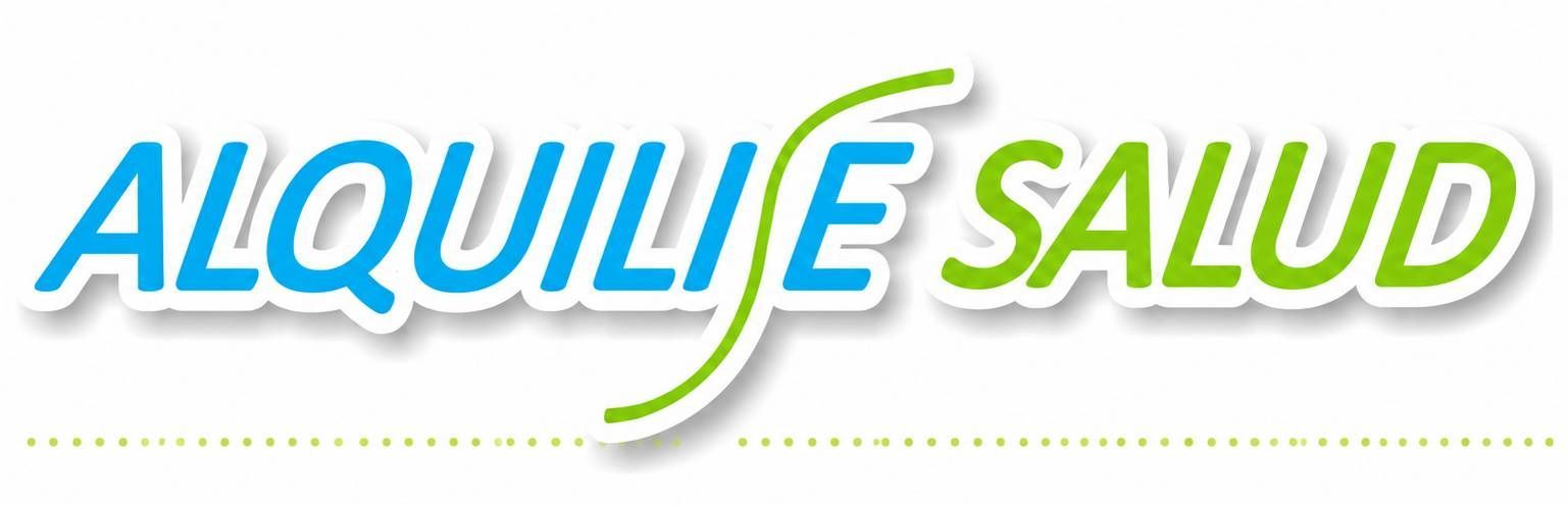 Logo de “Alquilie Salud” en azul y verde con una línea curva gris y una línea punteada amarilla debajo.
