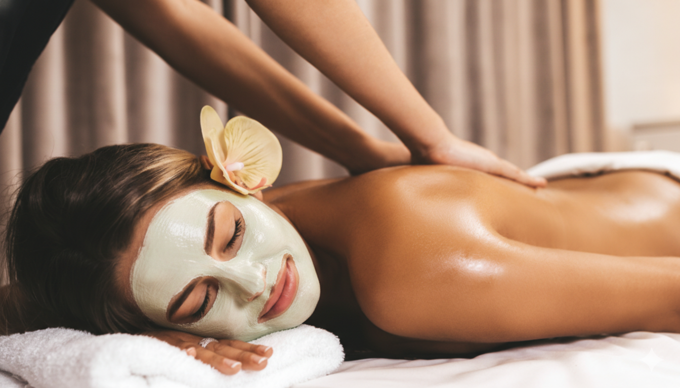 Woman receiving a back massage at a spa, wearing a face mask and flower in her hair.