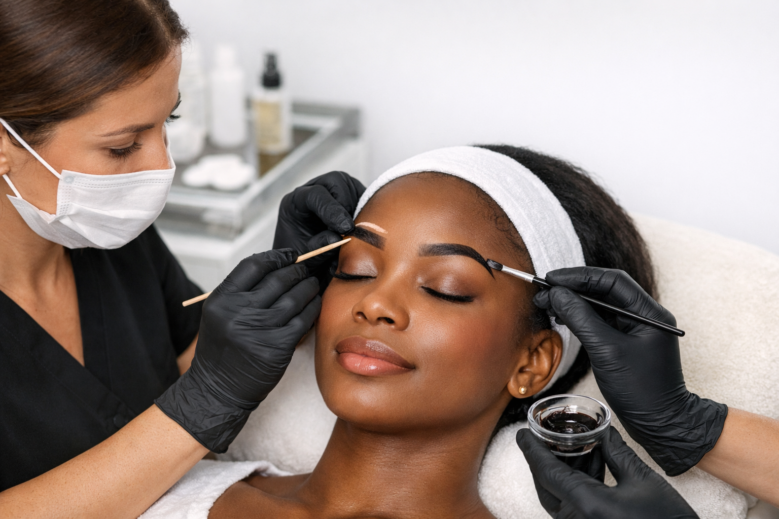 Woman getting her eyebrows tinted by a person wearing a mask and gloves, in a salon setting.