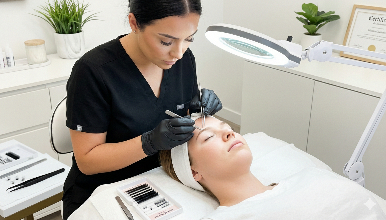 Esthetician performing a cosmetic procedure on a client's forehead in a well-lit clinic.