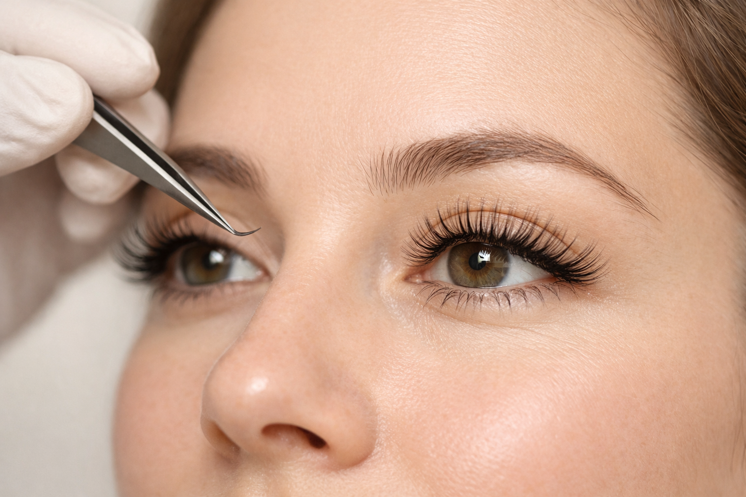A close up of a woman 's face with long eyelashes.