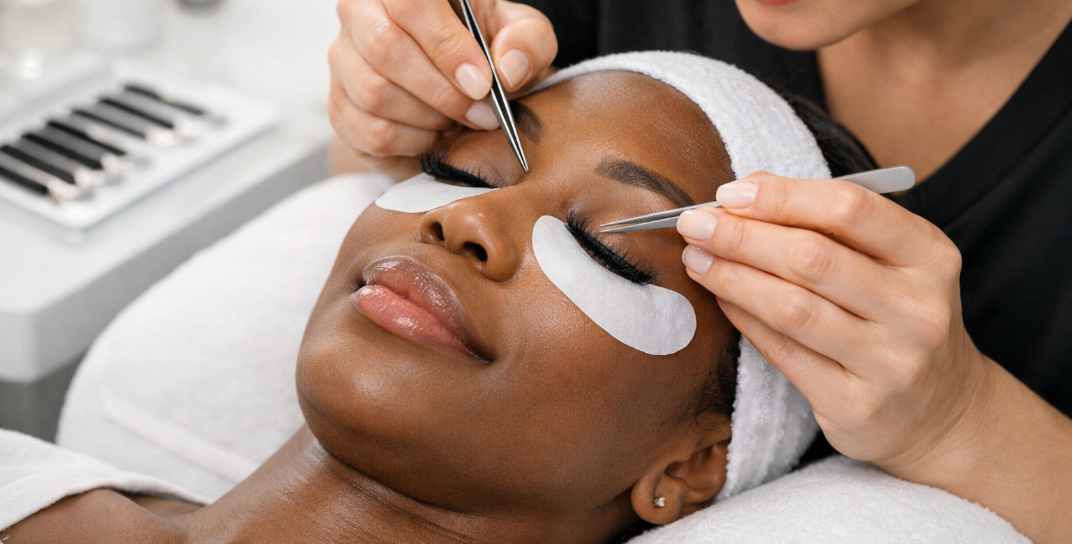 A woman receiving eyelash extensions; technician using tweezers, eye patches in place, bright setting.