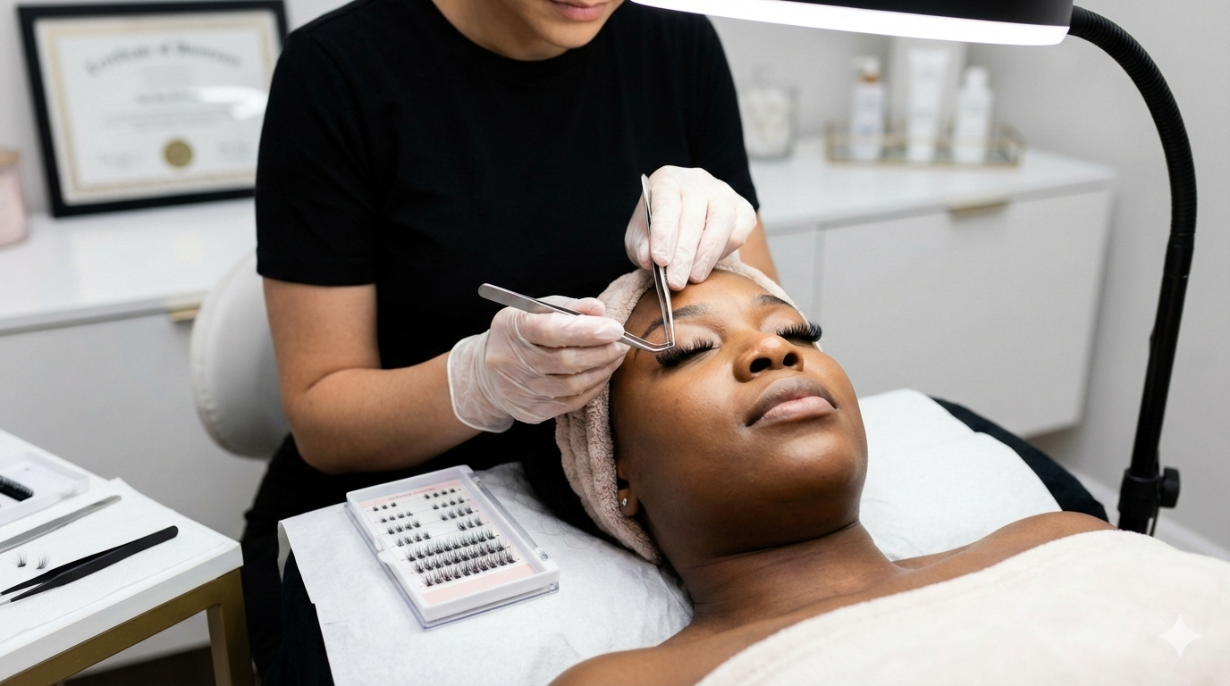 Woman receiving eyelash extensions from a technician in a beauty salon.