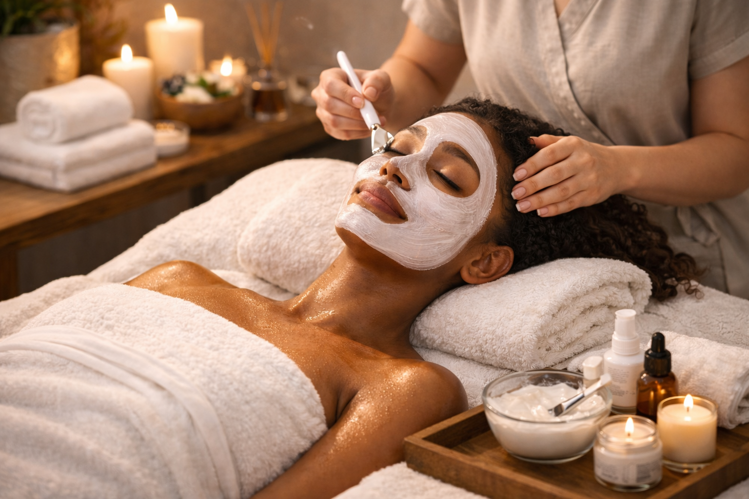 Woman receiving facial treatment at a spa. Mask applied, candles lit, white towels, esthetician applying product.