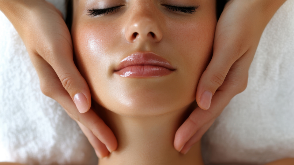 Close-up of a person receiving a facial massage. Hands gently cradle the face and neck.