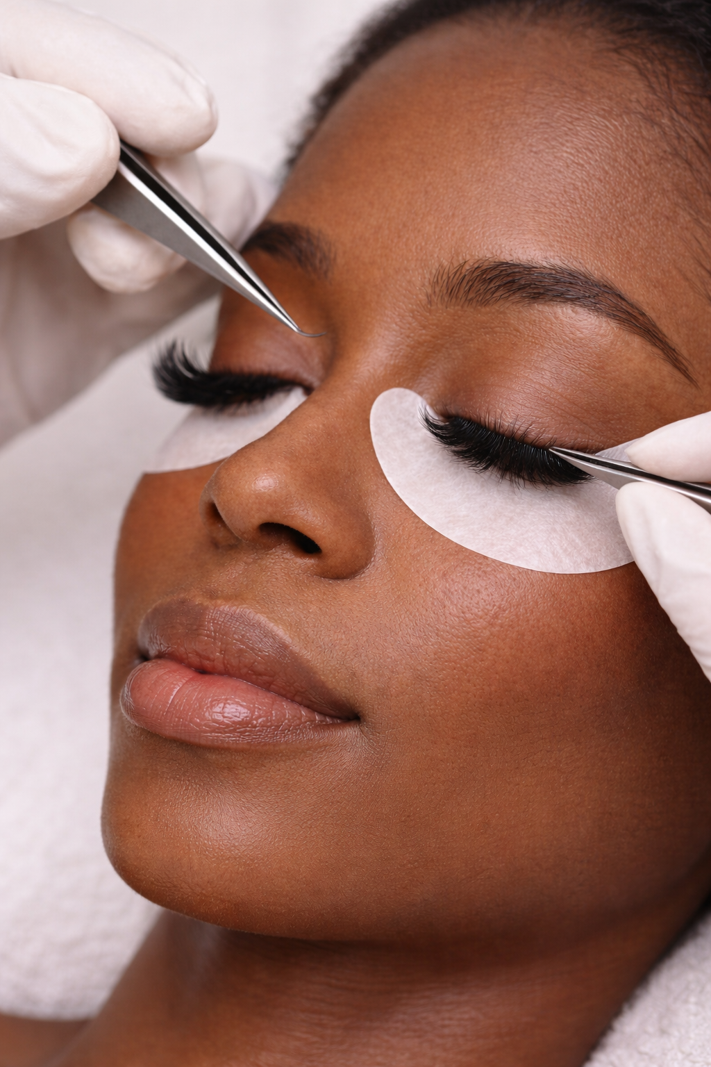 Woman receiving eyelash extensions; technician with tweezers, eye pads in place, close-up.