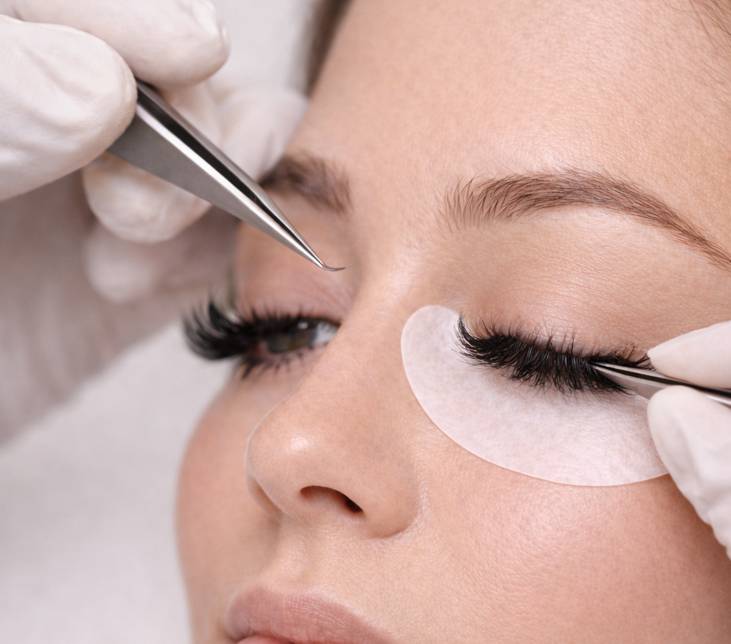 Eyelash extensions being applied to a person's eye, hands wearing white gloves holding tweezers.