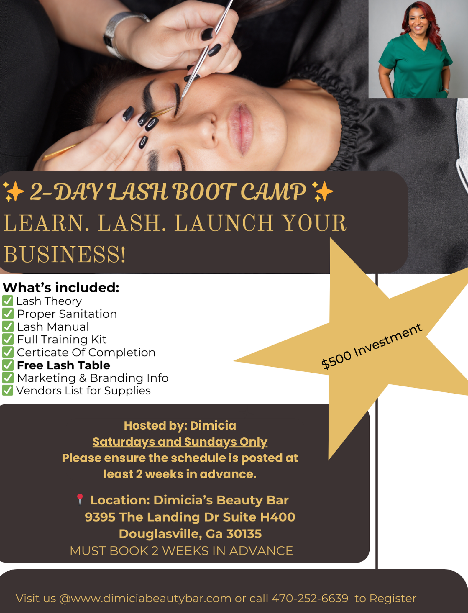 Flyer for a 2-day lash boot camp at Olivia's Beauty Bar. Includes what's included and location.