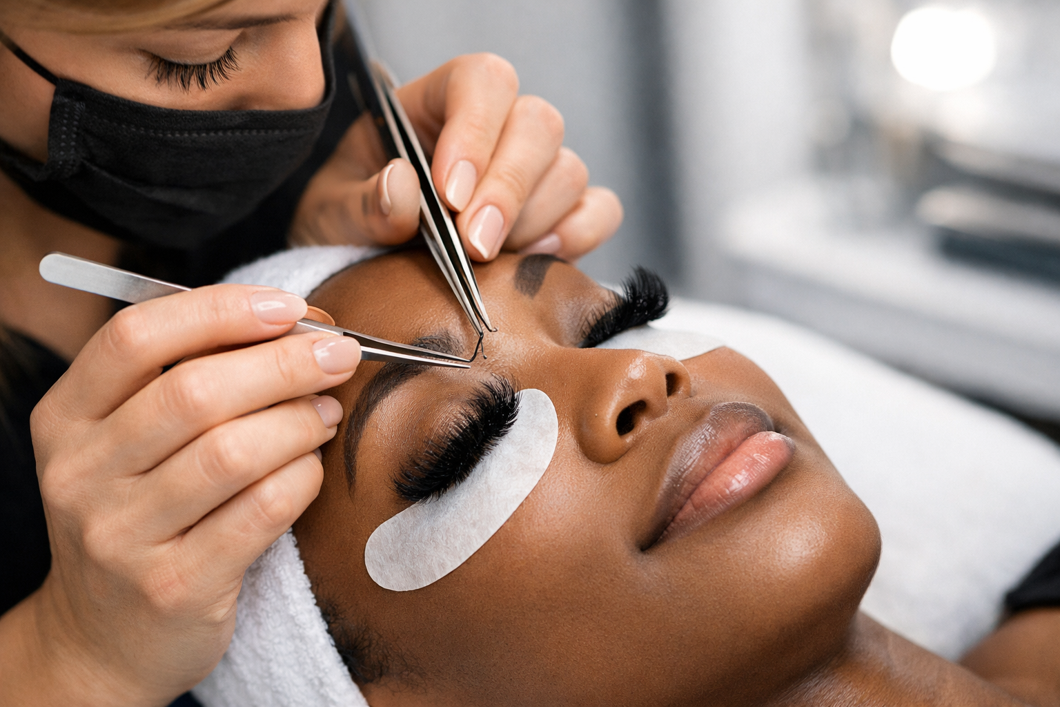 Person receiving eyelash extensions at a salon. Technician uses tweezers, wearing a face mask.